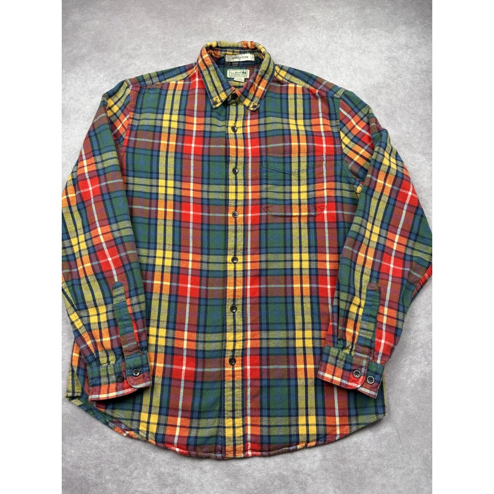 LL Bean Flannel Shirt Men M Multicolor Prep Outdoor Plaid Cabin Fall 100% Cotton